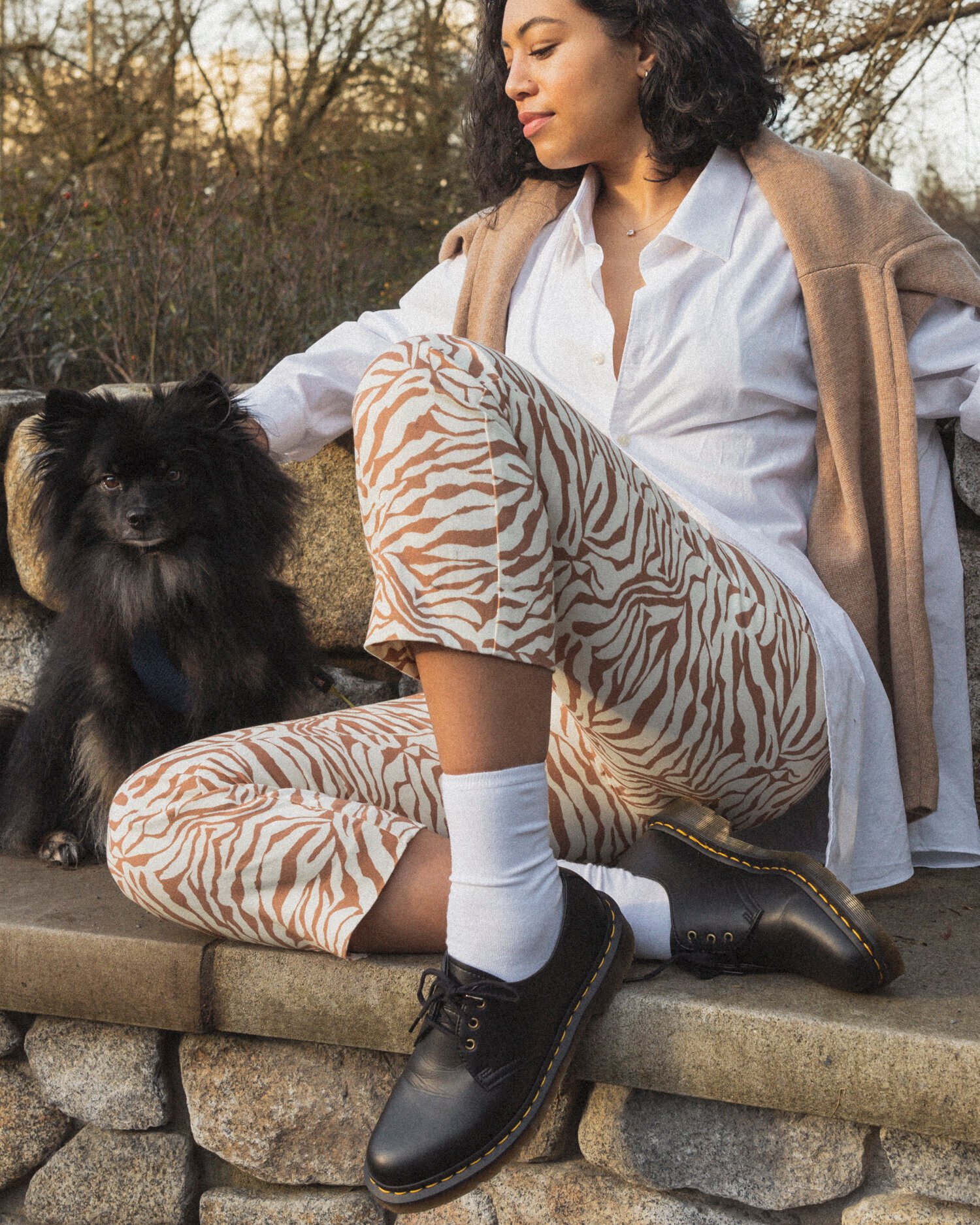 Aday Jacket worn as scarf // Thrifted Men’s XL Shirt (similar) // Aritzia Zebra Pants (similar) // Dr. Marten Vegan Oxfords