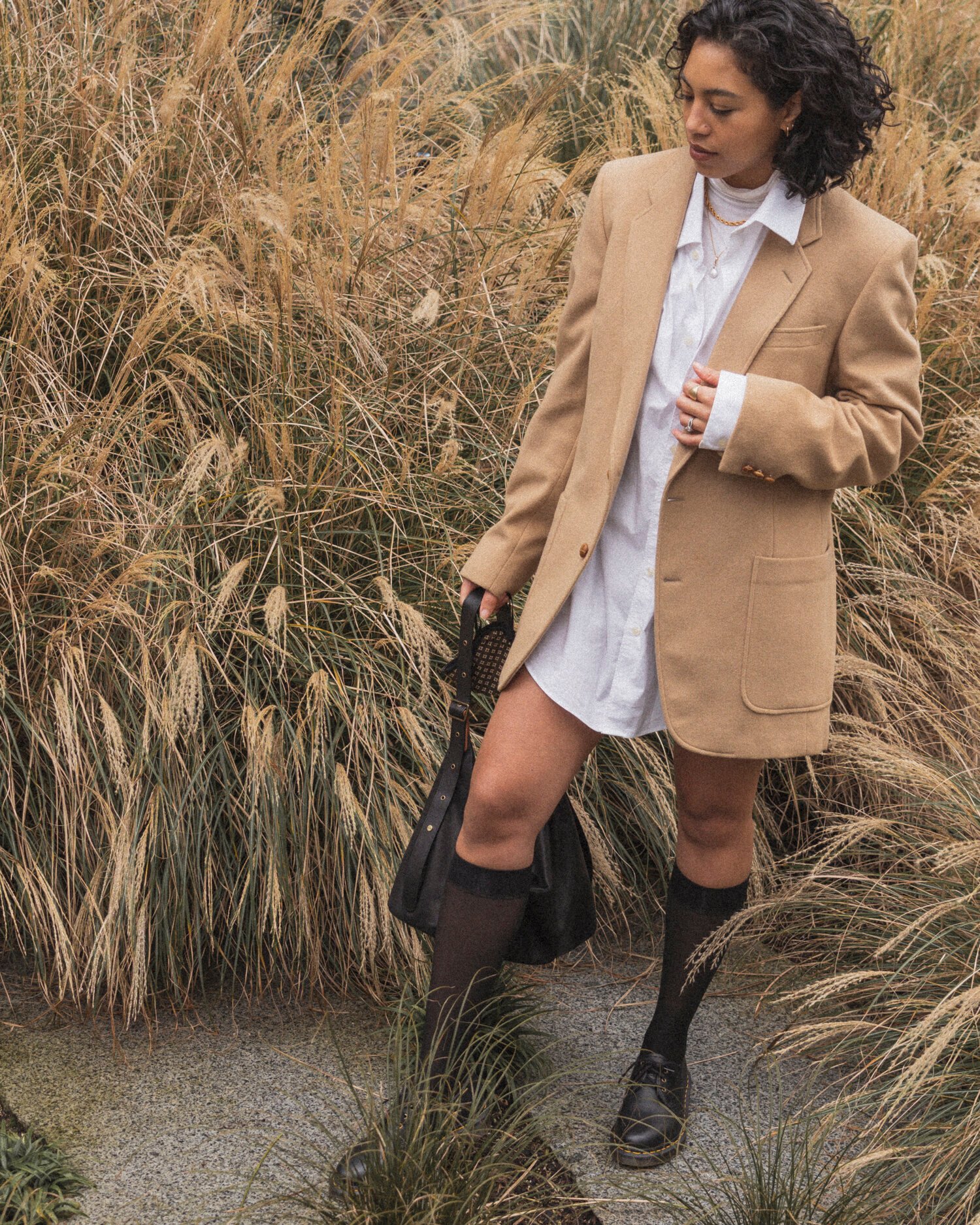 Thrifted Men’s Blazer (similar) // White Turtleneck // Thrifted Men’s XL Shirt (similar) // Sheertex Socks // Dr. Marten Vegan Oxfords // Feed Bag